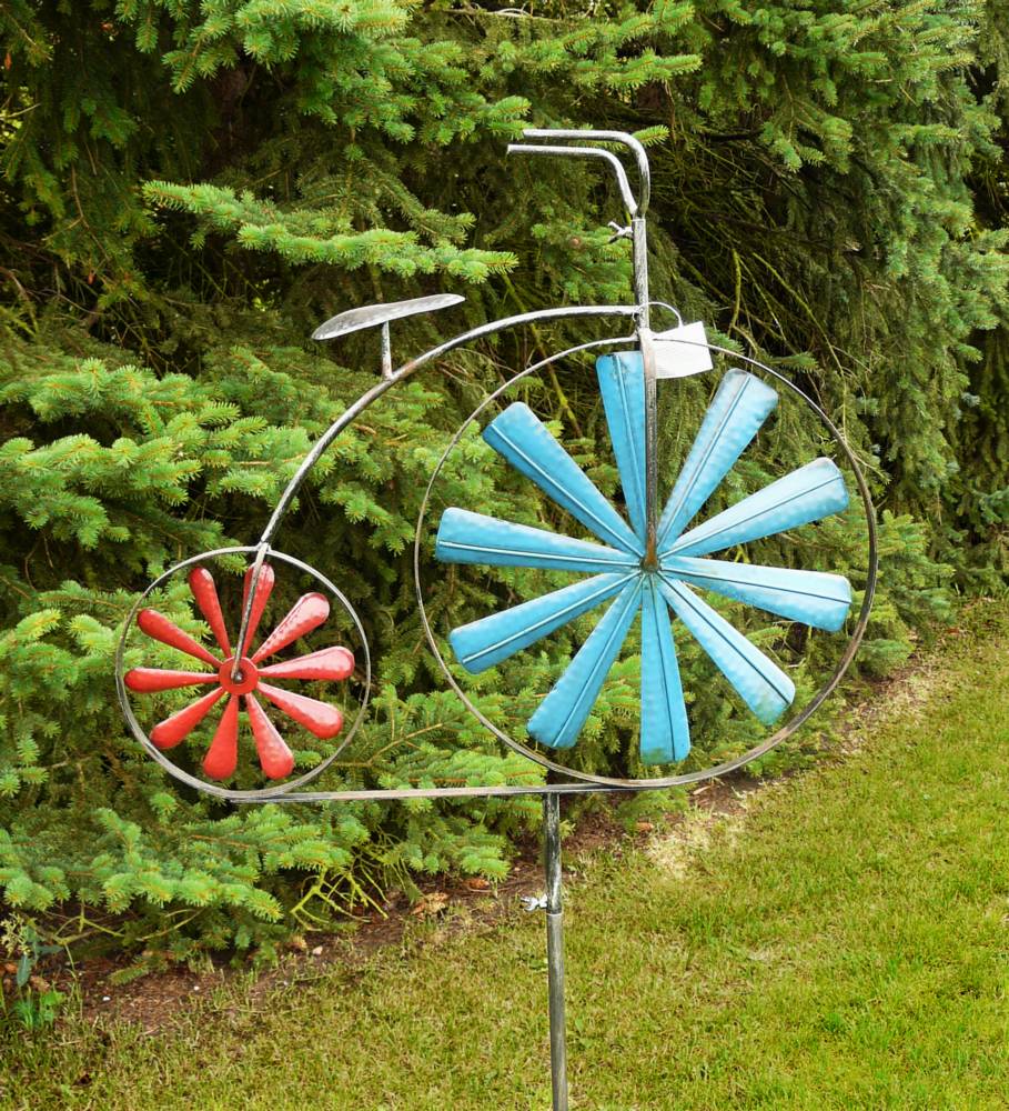 Windrad Fahrrad Hochrad blau rot Gartenstecker Metall